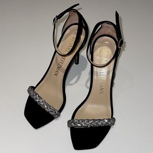 Stuart Weitzman Nudistcurve 100 crystal ankle strap suede sandal size 8 1/2